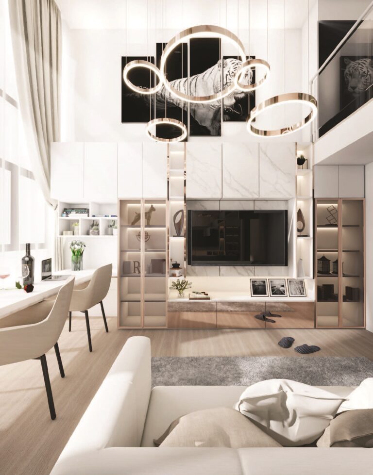 Innovative duplex condo design with modern built-in furniture in Ideo New Rama 9 by Sketchbook Studio.