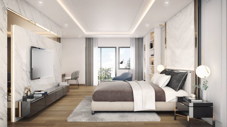 Luxurious bedroom interior with custom-built entertainment center in Chayasiri residence by Sketchbook Studio.