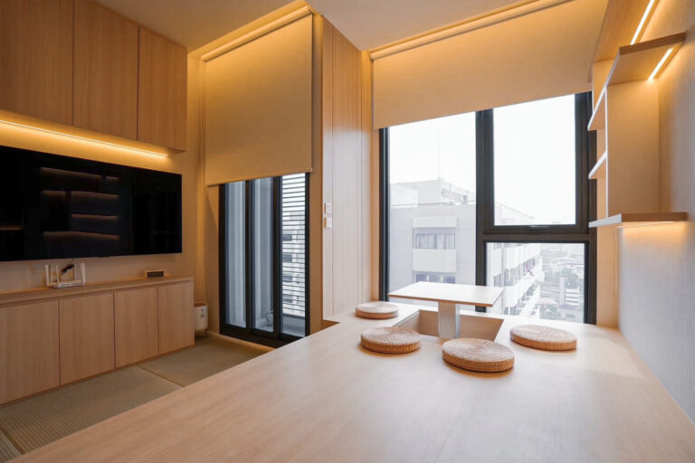 Condominium Interior living room design with custom built-in furniture and by Sketchbook Studio