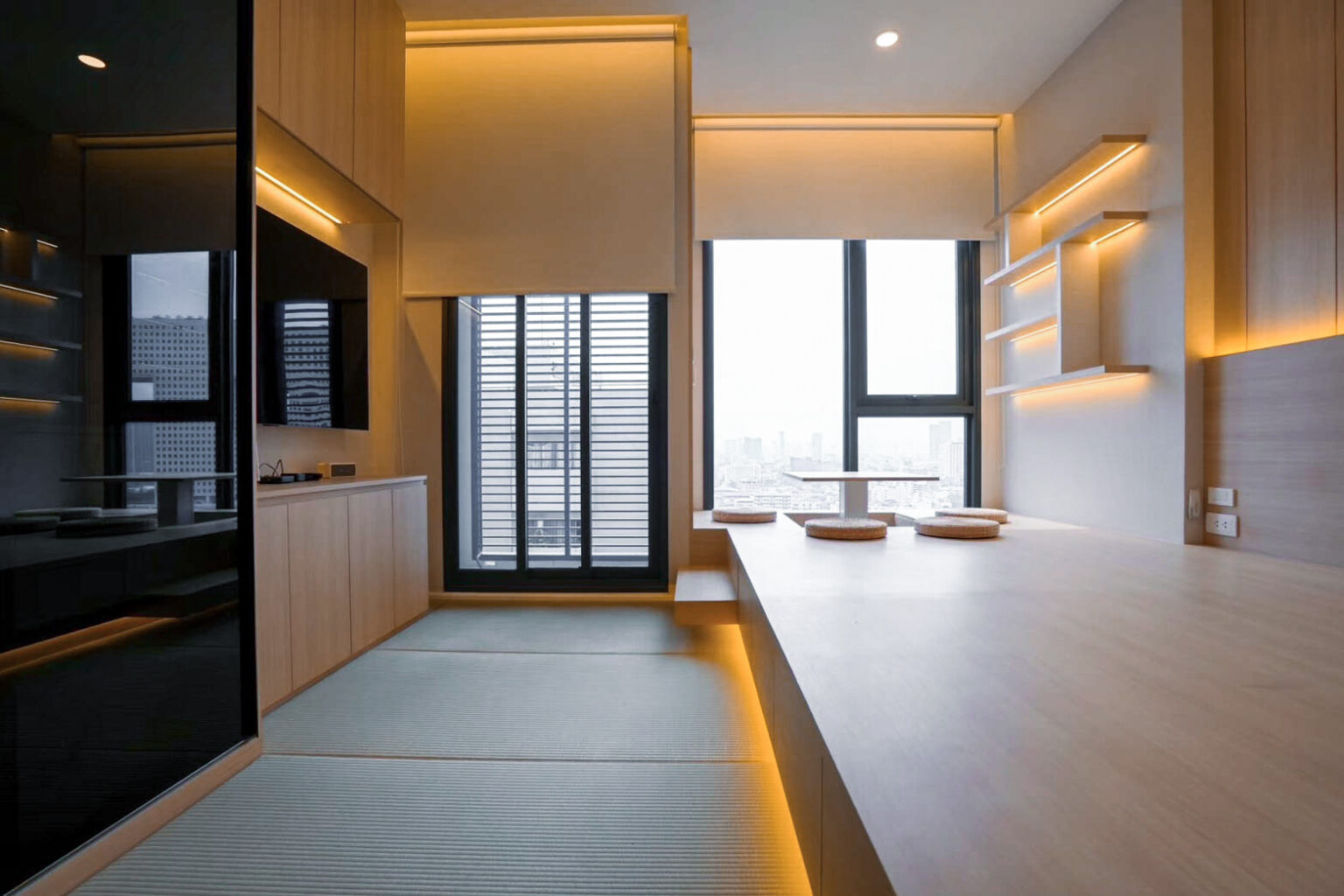 Condominium Interior living room design with custom built-in furniture and by Sketchbook Studio