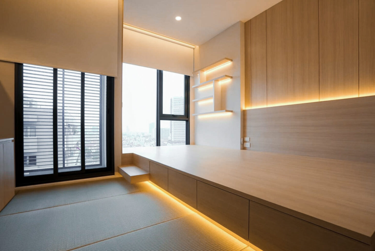 Condominium Interior living room design with custom built-in furniture and by Sketchbook Studio