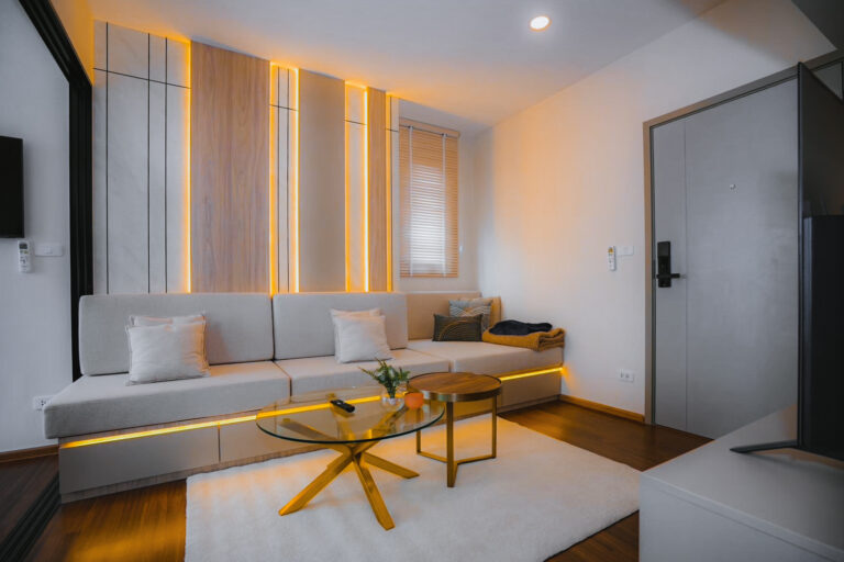 Condominium Interior living room design with custom built-in furniture and by Sketchbook Studio