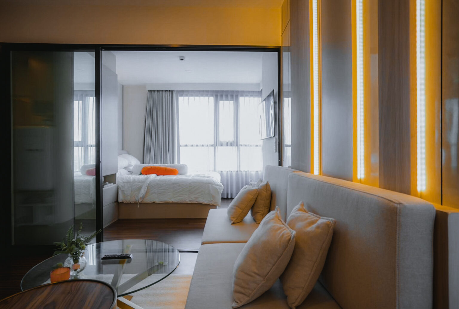 Condominium Interior living room design with custom built-in furniture and by Sketchbook StudioCondominium Interior living room design with custom built-in furniture and by Sketchbook Studio